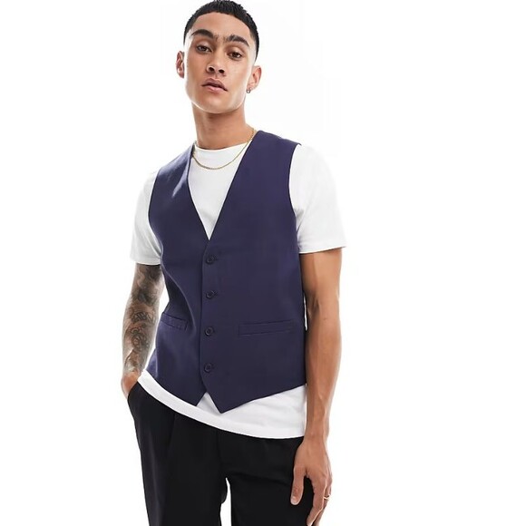 French Connection Sz 42 Vest In Marine Blue Rayon Blend V-Neck Casual ASOS New - Picture 2 of 12